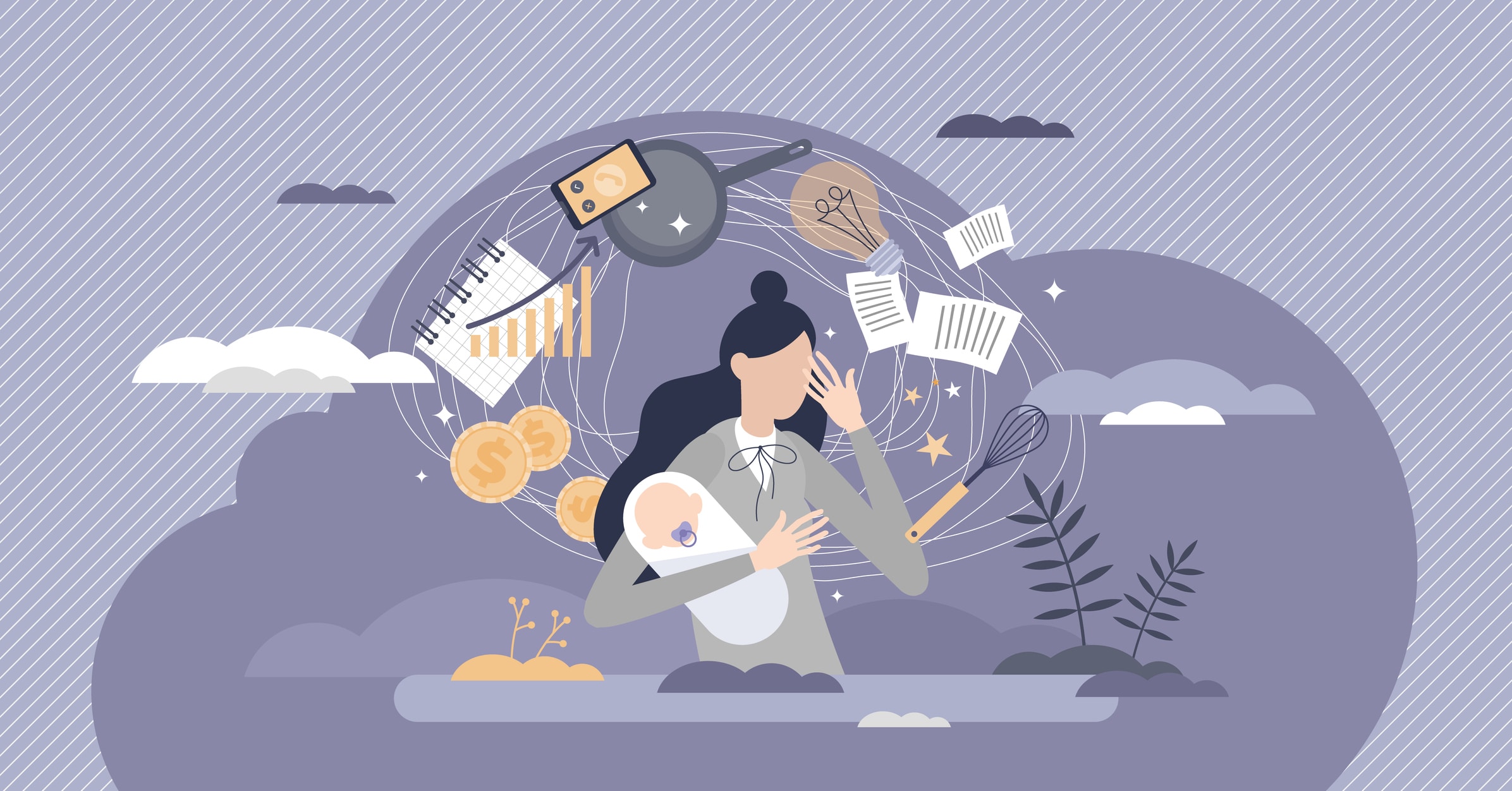 illustration busy woman holding a baby
