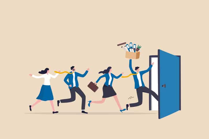 Great resignation, employee resign, quit or leaving company, people management or human resources problem concept, business people employee resign and walk through exit door.